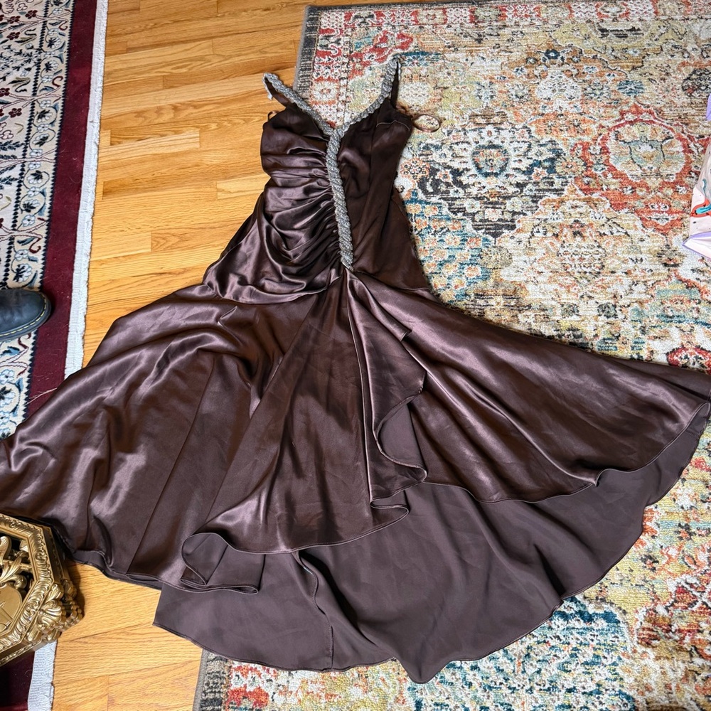 Y2k Brown drop waist mermaid style satin dress